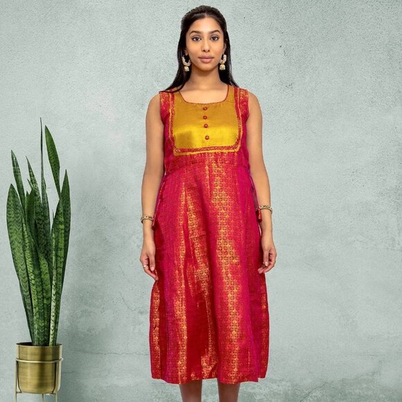 Luxury Red and Gold Silk Knee-Length Dress | Muvvas Boutique - Picture 4 of 5